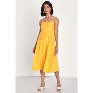 Lulu's Sunshine on Me Golden Yellow Tiered Tie-Back Midi Dress, Size M
